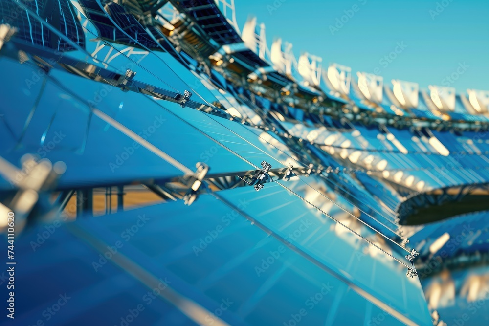 Poster a detailed image capturing the close-up view of a building against the backdrop of a clear blue sky,