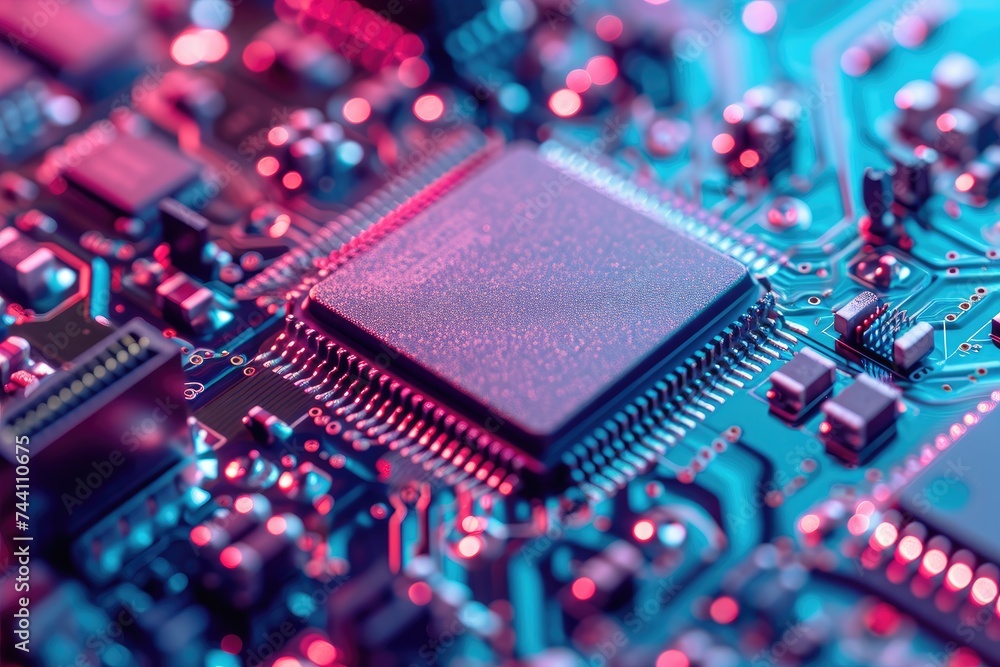 Poster the photograph showcases a detailed view of a computer circuit board, highlighting its intricate com