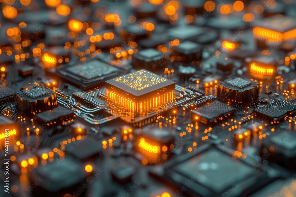Poster a detailed view of a computer circuit board featuring bright yellow lights illuminating the intricat