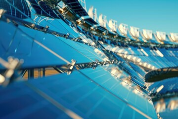 A detailed image capturing the close-up view of a building against the backdrop of a clear blue sky, Close-up of the mirror array in a towering solar power plant, AI Generated - Powered by Adobe