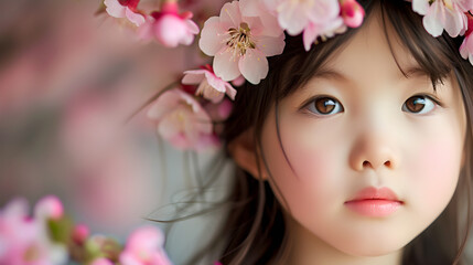 springtime studio portrait of young Asian girl with flowers