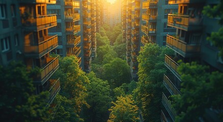 Amidst the bustling cityscape, a tranquil view from above reveals a vibrant tapestry of trees and buildings, illuminated by the soft light of a rising sun - obrazy, fototapety, plakaty