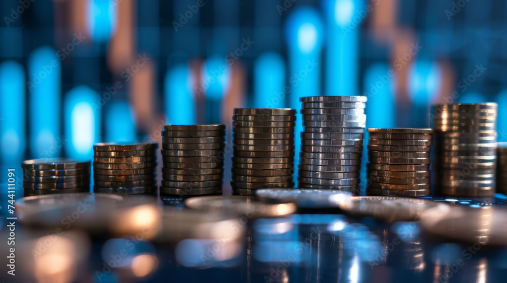 Poster stacks of coins with a backdrop of glowing blue digital graphs and circuitry, symbolizing the inters