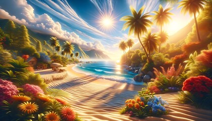 Fototapeta na wymiar summer on the beach background merge in a tropical, tv art, wall art, adorned with vacation festive holiday