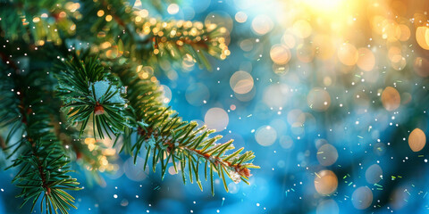 Fototapeta na wymiar Fir tree branch dusted with snowflakes, sparkling with bokeh lights on a frosty background