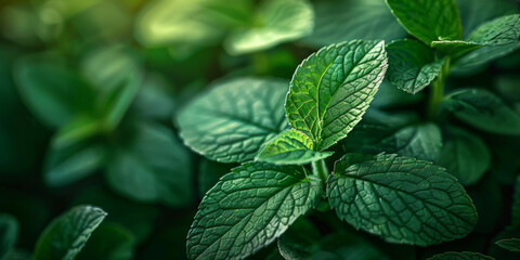 Macro shot of vibrant green mint leaves with a soft-focus background - obrazy, fototapety, plakaty