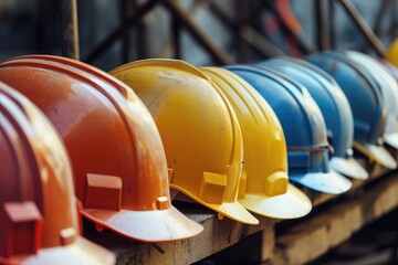 A straight line of functional hard hats arranged neatly on top of sturdy wooden pallets, Close-up of smart helmets used by construction workers for safety, AI Generated