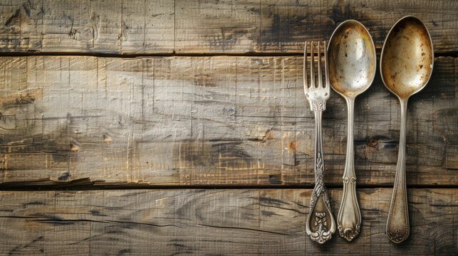 Vintage spoon and fork silverware on wooden background. Copy space. generative AI image