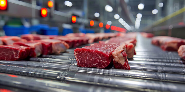 Conveyor belt carrying premium cuts of beef in a modern meat processing plant