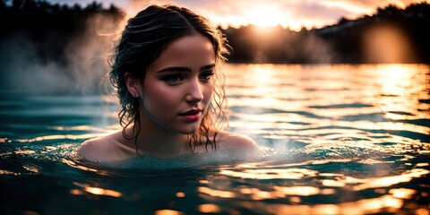 A beautiful brunette girl swims in a warm thermal spring. A European girl swims in the water in winter. Hot thermal springs. Winter landscape. Female portrait. - obrazy, fototapety, plakaty