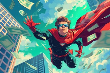 A man is shown soaring through the air, wearing a vibrant red cape, Concept art of an accountant superhero saving a business from financial crisis, AI Generated