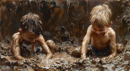 A joyful group of children, covered in mud and grinning from ear to ear, playfully splash in a small pool of water on a warm summer day