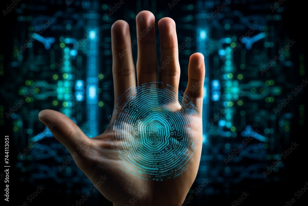 Poster biometric identity technology concept - a hand with digital biometric patterns, illustrating securit