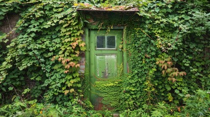 Empty old building overgrown with dense plants with sunlight. generative AI image