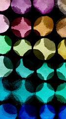 Black background of multicolored watercolor circles. Abstract composition of watercolor circles on a black background. - 744113261