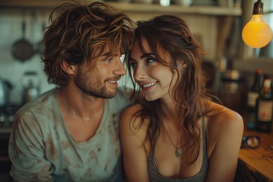 As the man and woman stood before each other, their faces lit up with genuine smiles, their eyes locked in a captivating gaze that seemed to transcend the mundane surroundings of the bar and wall beh