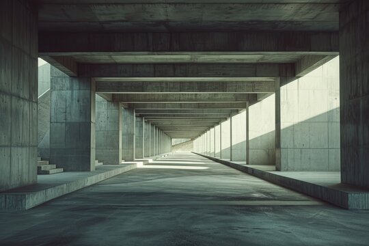 A vacant parking structure with concrete walls and pillars, devoid of any vehicles or people, Concepts of self-healing concrete and its application in modern infrastructure, AI Generated