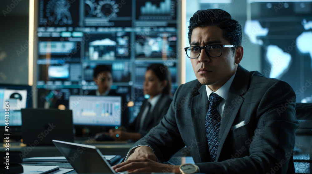 Poster a professional in a suit is working at a desk with multiple computer monitors displaying graphs and 
