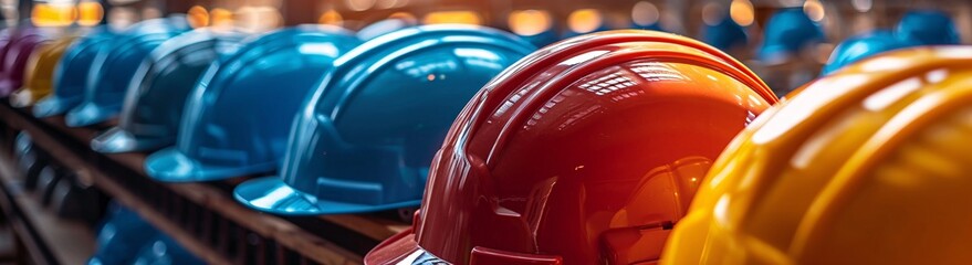 Boldly contrasting hard hats symbolize safety and protection, ready for any indoor construction challenge - obrazy, fototapety, plakaty