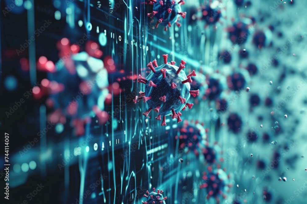 Poster a computer screen displaying a collection of red and blue balls, conceptual image of computer virus 