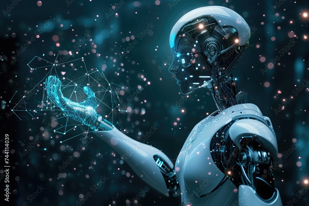 Poster a robot is seen holding something in its hand, showcasing its ability to interact and manipulate obj