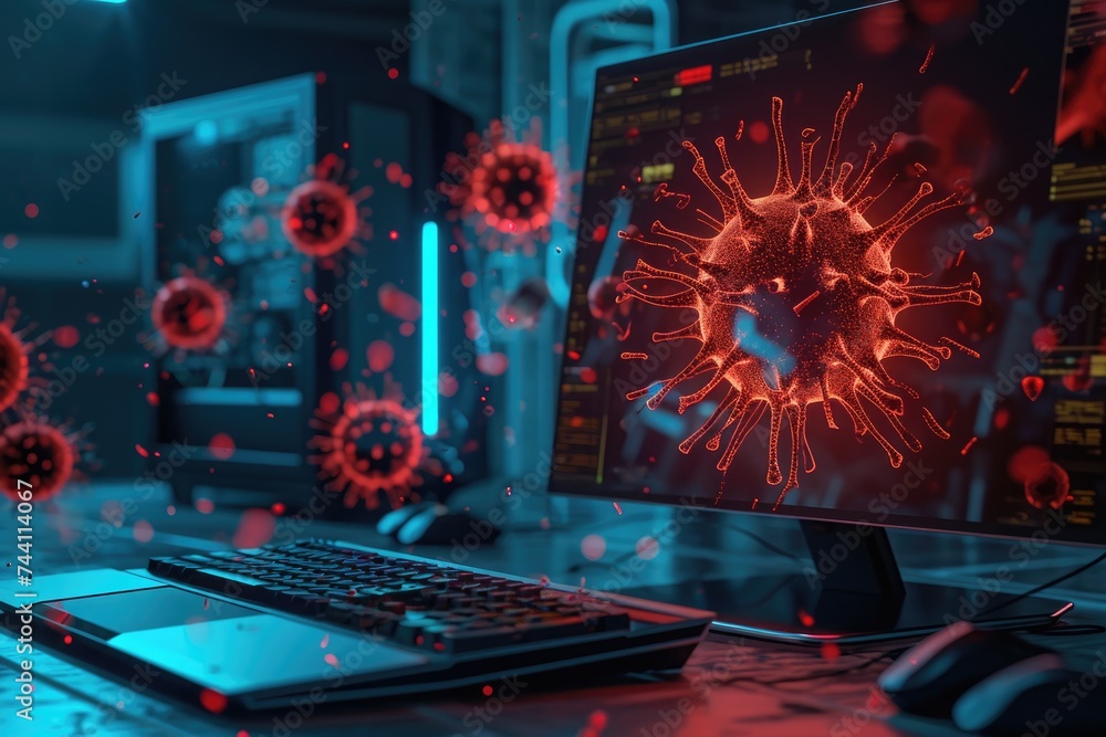 Poster a computer screen showcasing a vivid red and blue image, depicting contrasting colors in a technolog