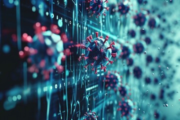 A computer screen displaying a collection of red and blue balls, Conceptual image of computer virus attacking a system, AI Generated