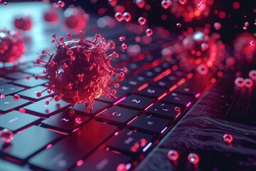 A detailed view of a computer keyboard with a bright red substance spilled on it, Conceptual image of computer virus attacking a system, AI Generated