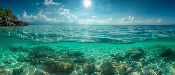 Fototapeta na wymiar Panorama view of underwater sand and sea rocks with sunny blue sky and cloud, split view half over and under water surface, Pacific ocean