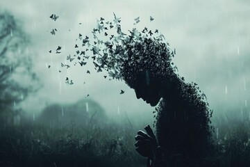 A person stands in a field as butterflies rest on their hair, Conceptual representation of mental health, AI Generated