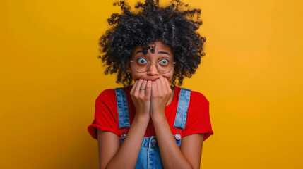 person with curly hair and round glasses wearing a red shirt and blue overalls, biting their fingernail, and making a worried or anxious facial expression against a yellow background. - obrazy, fototapety, plakaty