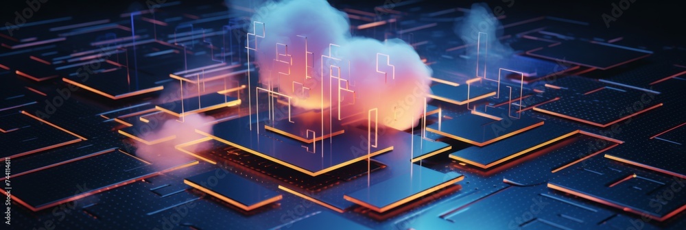 Poster cloud computing concept with holographic display - cloud symbol projecting over a futuristic circuit