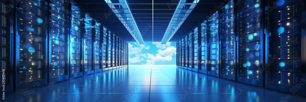 Poster futuristic data center with blue lights - rows of server racks in a modern data center with vibrant 