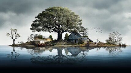 Majestic Tree Reflection on Calm Waters - A serene landscape with a single grand tree mirrored on a tranquil lake