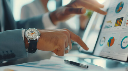 person's hand is seen interacting with a tablet displaying colorful graphs and charts, indicative of business analytics or data review