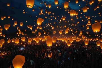 A multitude of individuals gather together outdoors to launch a series of lanterns into the night sky, Crowd watching in awe at a magical lantern release event, AI Generated - obrazy, fototapety, plakaty