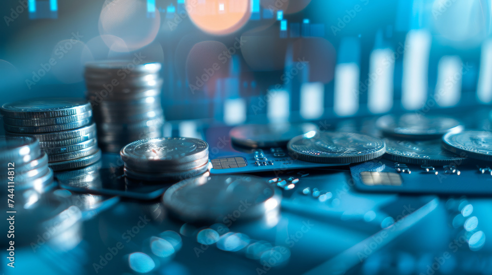 Poster stacks of coins with a backdrop of glowing blue digital graphs and circuitry, symbolizing the inters