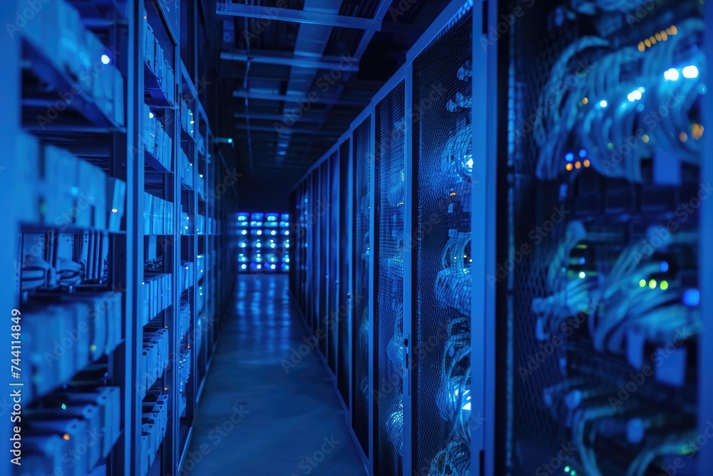 Poster a photo showing rows of servers in a large data center, busy with activity and technology, cryptocur