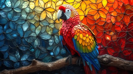 Stained glass window background with colorful parrot abstract.