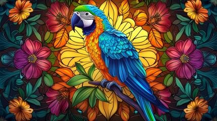 Fototapeta premium Stained glass window background with colorful parrot abstract.