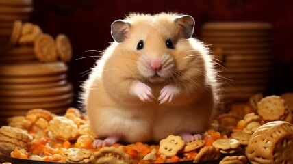 Chubby Hamster on a Foodie Adventure - An adorable chubby hamster surrounded by an array of snacks, capturing the essence of indulgence and satisfaction.