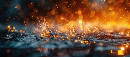 Fiery amber lights dance atop rippling water, casting a warm glow in the cool night air, creating a mesmerizing outdoor display
