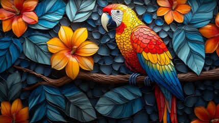 Fototapeta premium Stained glass window background with colorful parrot abstract.