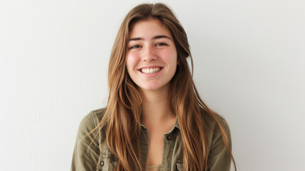 Fototapeta premium A cheerful woman with wavy hair and freckles smiles warmly, wearing a casual denim shirt against a light background.