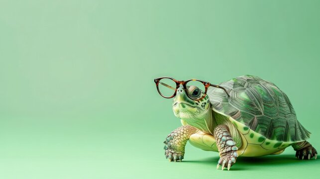 Portrait Cute little green turtle wearing glasses on green pastel background. Copy space