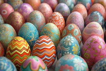 Fototapeta na wymiar Vibrant easter eggs adorned with intricate designs create a colorful display of springtime joy and artistic talent
