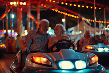 Senior couple having a ride in the bumper car at the fun fair - obrazy, fototapety, plakaty