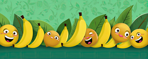 Happy yellow bananas with eyes mouth and diverse expresions.