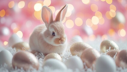 Fototapeta na wymiar A fluffy domestic rabbit lounges on a cozy bed of pastel eggs, embodying the joys of easter and the beauty of spring