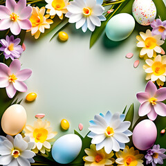 An Easter flat lay background with pastel-colored eggs and pastel spring flowers along the edges, copy space in the middle, top view.